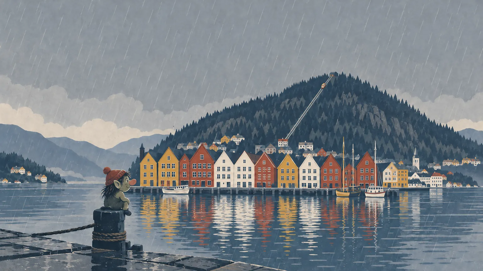 Gabled wharf houses along a rainy harbour in Bergen, a funicular climbing the forested hill behind them, and a small troll in a red knitted cap sitting on a mooring post.